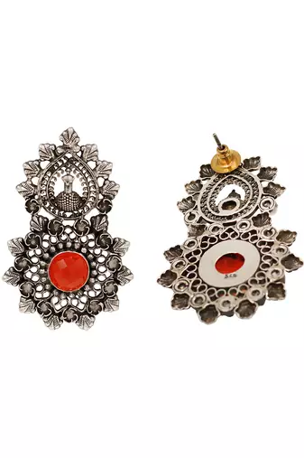 Oxidised peacock motif silver statement earrings