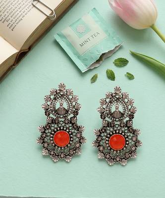 Oxidised peacock motif silver statement earrings 3
