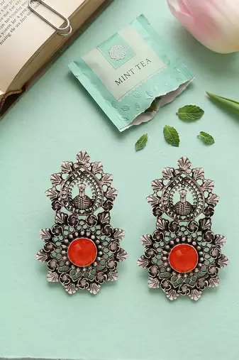 Oxidised peacock motif silver statement earrings