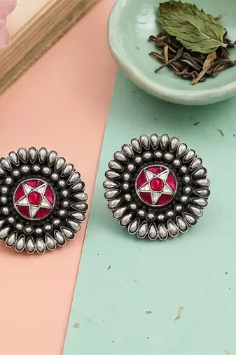 Oxidised silver kundan earrings