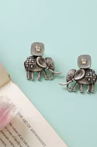 Oxidised elephant motif silver stud earrings