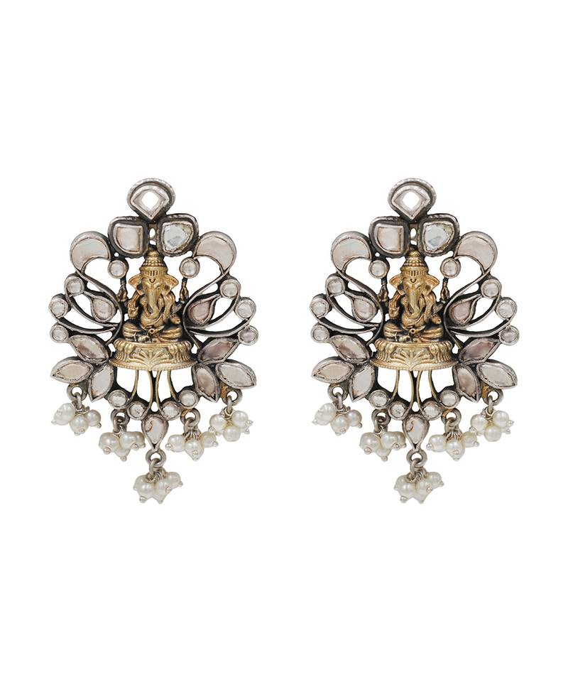 Dual plated ganesha motif silver earrings
