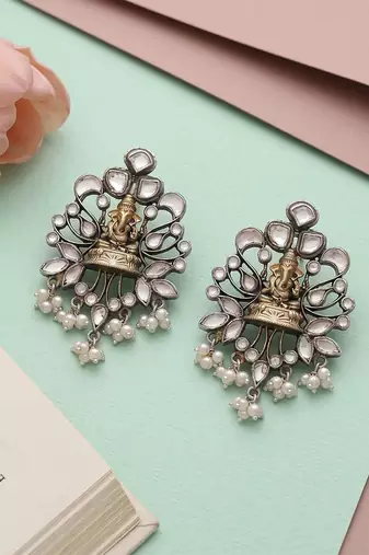Dual plated ganesha motif silver earrings