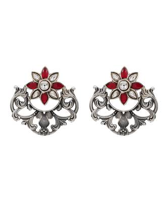 Floral silver kundan red stones earrings 1
