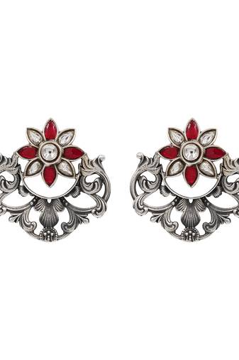 Floral silver kundan red stones earrings