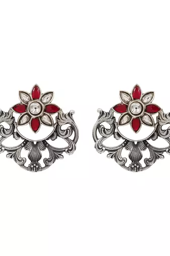 Floral silver kundan red stones earrings
