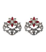 Floral silver kundan red stones earrings
