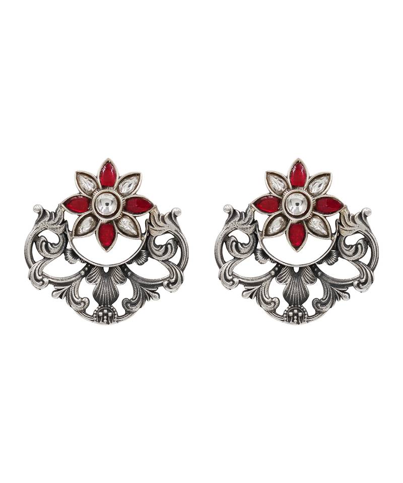 Floral silver kundan red stones earrings