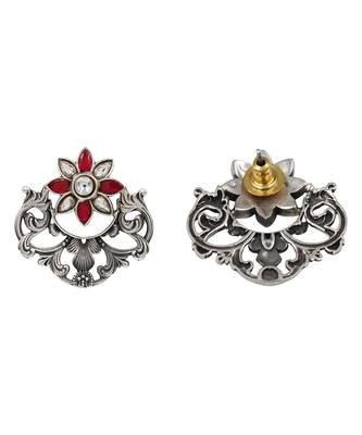 Floral silver kundan red stones earrings 2