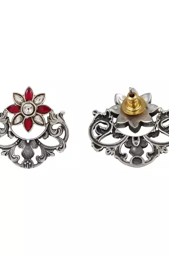 Floral silver kundan red stones earrings