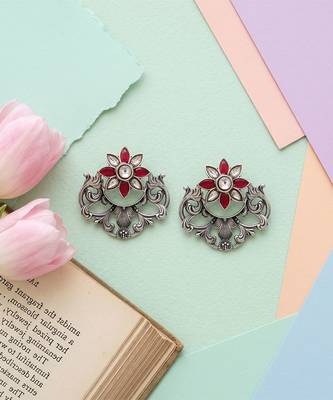Floral silver kundan red stones earrings 3