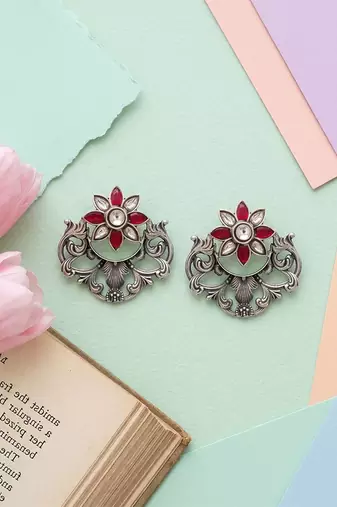 Floral silver kundan red stones earrings