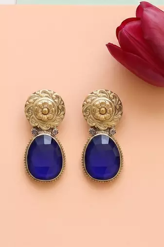 Handcrafted dual plated silver blue stone earrings