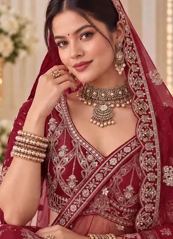Maroon Color Embroidered,Beads,Zari And Sequins Work Silk _Blend Lehnega Choli