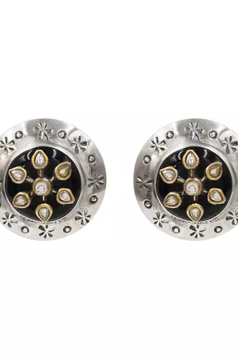 Oxidised floral kundan silver stud earrings
