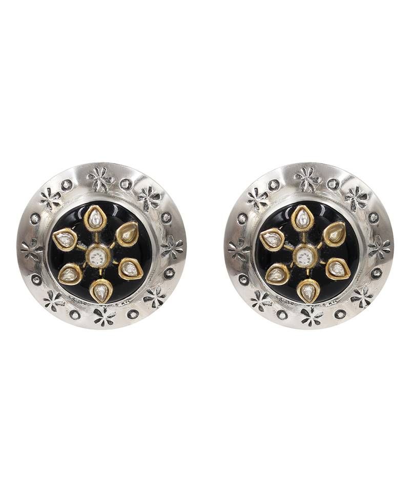 Oxidised floral kundan silver stud earrings