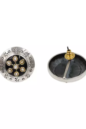 Oxidised floral kundan silver stud earrings