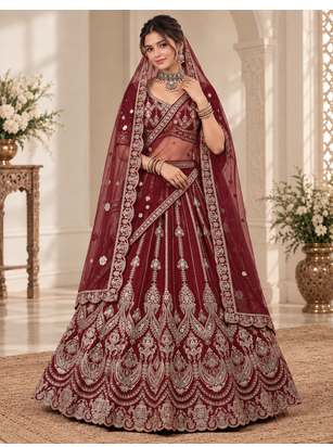 Maroon Color Embroidered,Beads,Zari And Sequins Work Silk _Blend Lehnega Choli 1