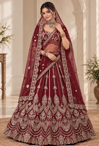 Maroon Color Embroidered,Beads,Zari And Sequins Work Silk _Blend Lehnega Choli