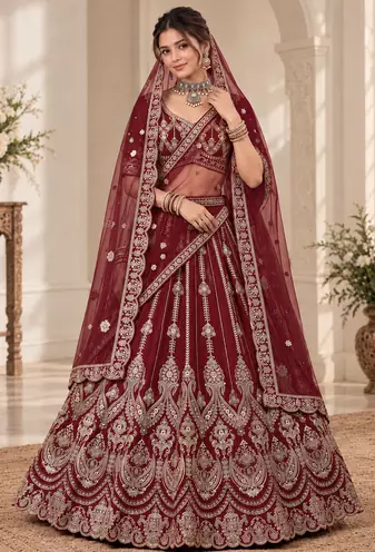 Maroon Color Embroidered,Beads,Zari And Sequins Work Silk _Blend Lehnega Choli