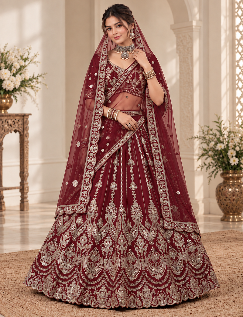 Maroon Color Embroidered,Beads,Zari And Sequins Work Silk _Blend Lehnega Choli