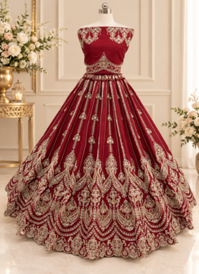 Maroon Color Embroidered,Beads,Zari And Sequins Work Silk _Blend Lehnega Choli 3