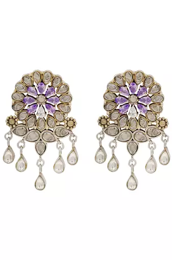 Dual tone silver kundan floral earrings