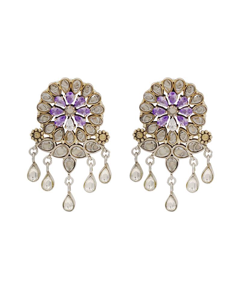 Dual tone silver kundan floral earrings