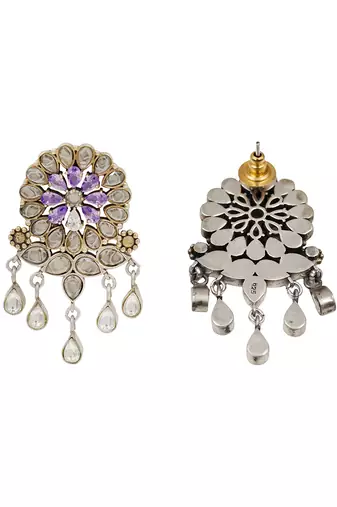 Dual tone silver kundan floral earrings