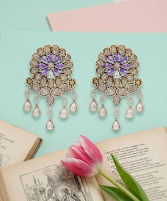 Dual tone silver kundan floral earrings 3