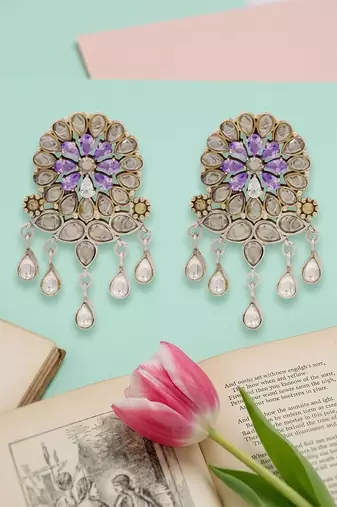Dual tone silver kundan floral earrings