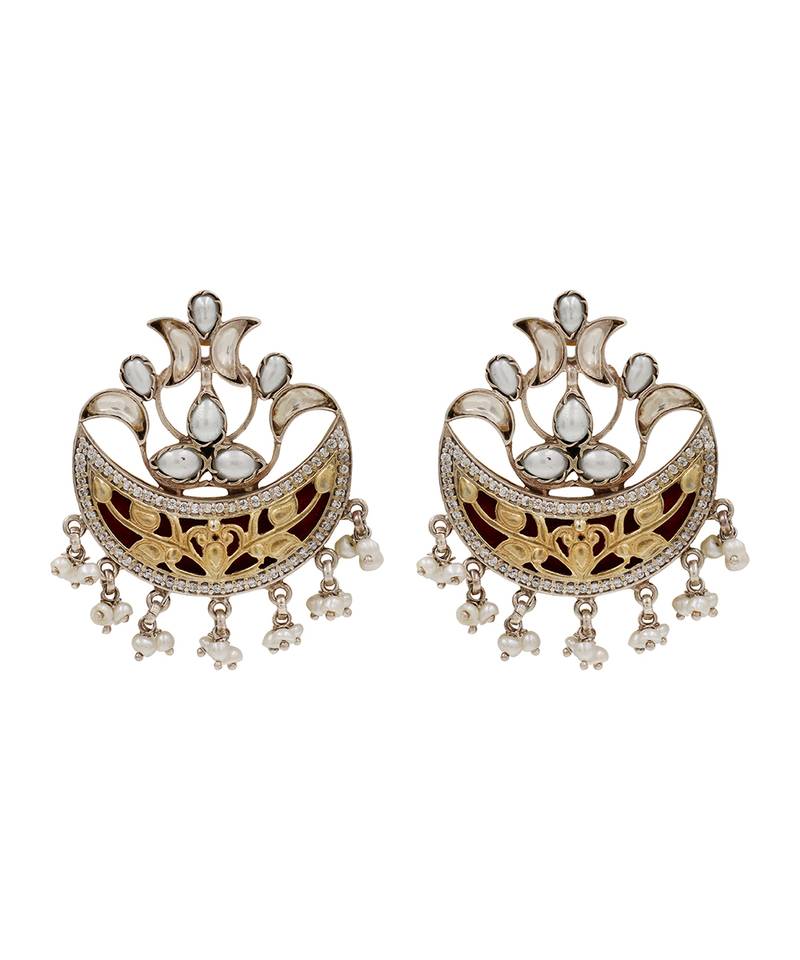 Dual plated silver kundan pearl statement earrings