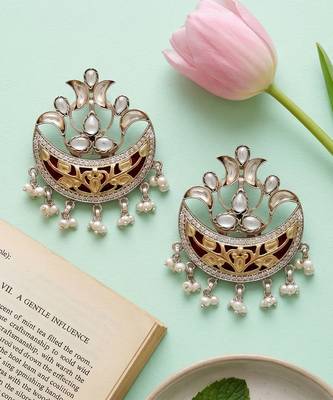 Dual plated silver kundan pearl statement earrings 3