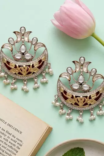 Dual plated silver kundan pearl statement earrings