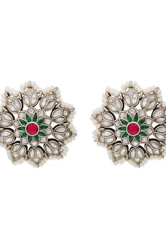 Silver kundan pearl border stud earrings