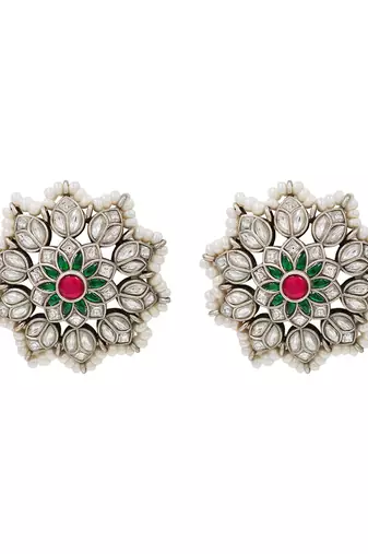 Silver kundan pearl border stud earrings