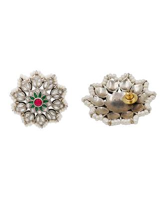 Silver kundan pearl border stud earrings 2