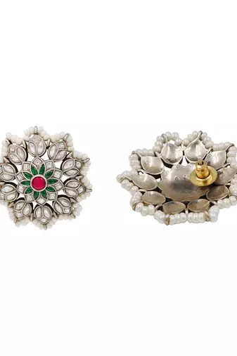 Silver kundan pearl border stud earrings