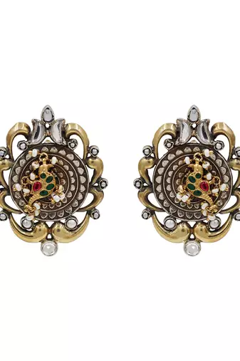 Dual plated bird motif kundan statement earrings