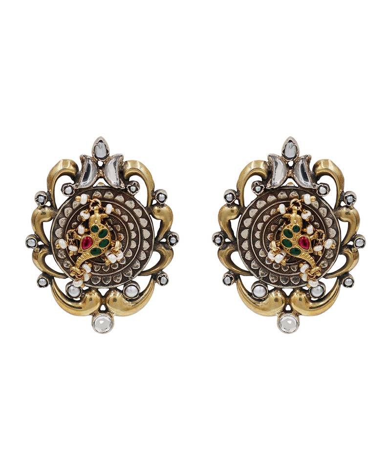 Dual plated bird motif kundan statement earrings
