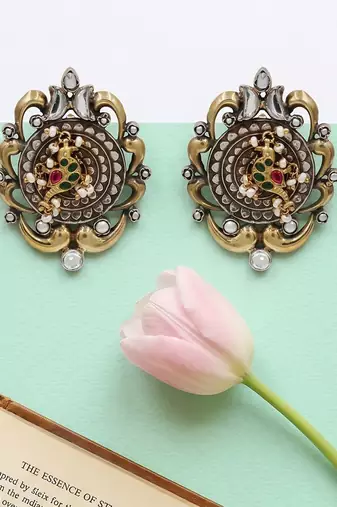 Dual plated bird motif kundan statement earrings