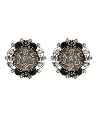 Oxidised floral black stone silver earrings 1