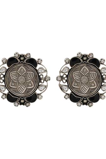 Oxidised floral black stone silver earrings