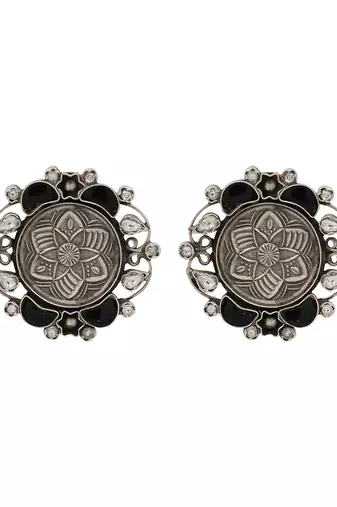 Oxidised floral black stone silver earrings