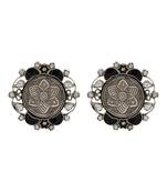 Oxidised floral black stone silver earrings