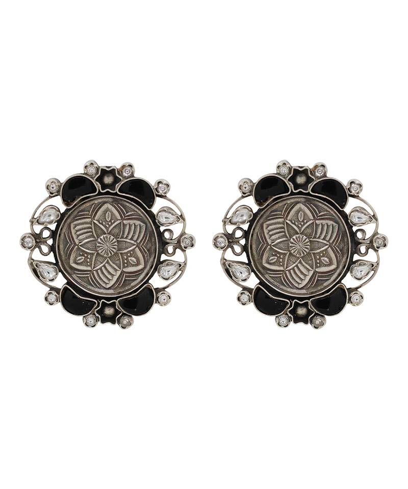 Oxidised floral black stone silver earrings