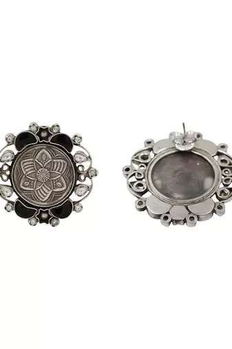 Oxidised floral black stone silver earrings