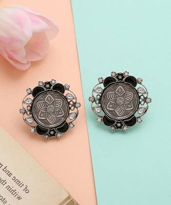 Oxidised floral black stone silver earrings 3