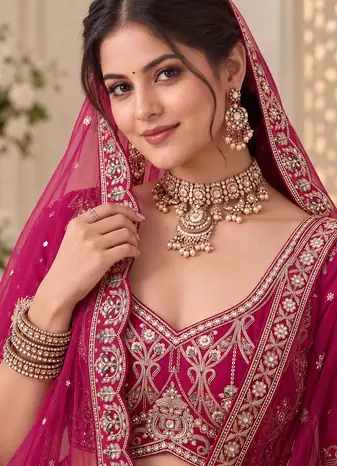 Rani Pink Color Embroidered,Beads,Zari And Sequins Work Silk _Blend Lehnega Choli