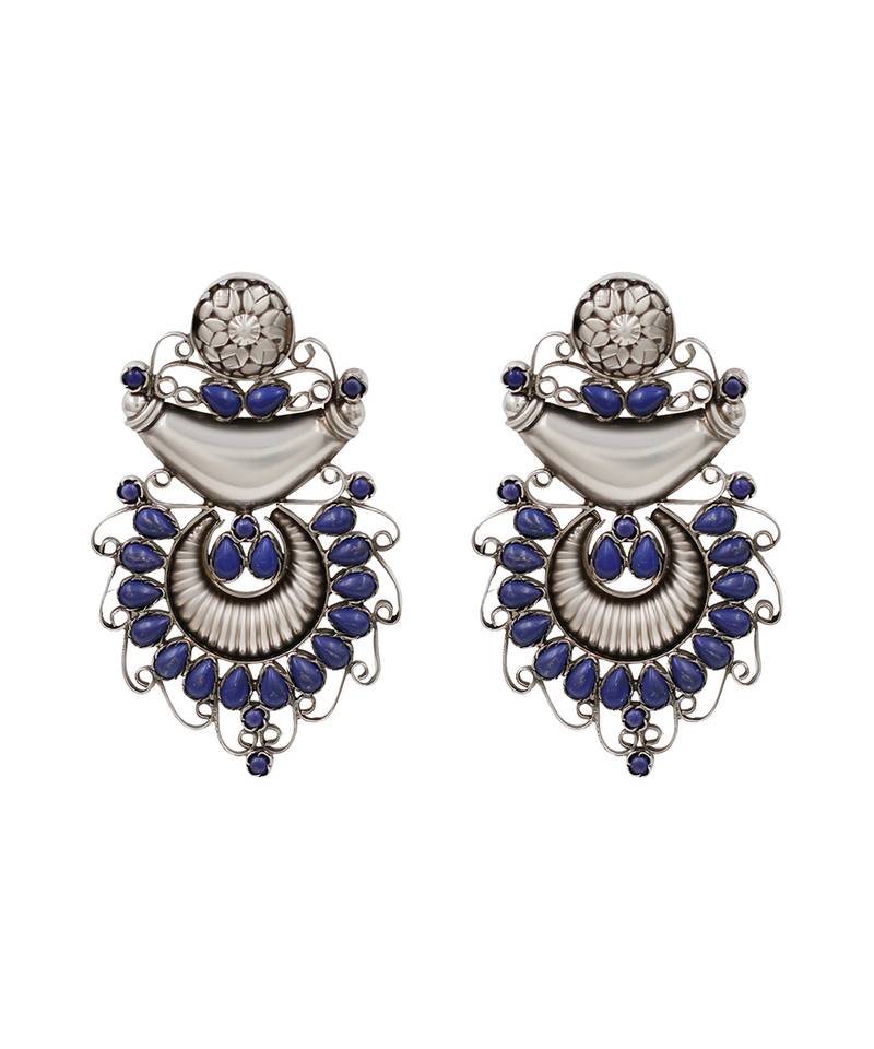 Handcrafted oxidised silver lapis stone earrings